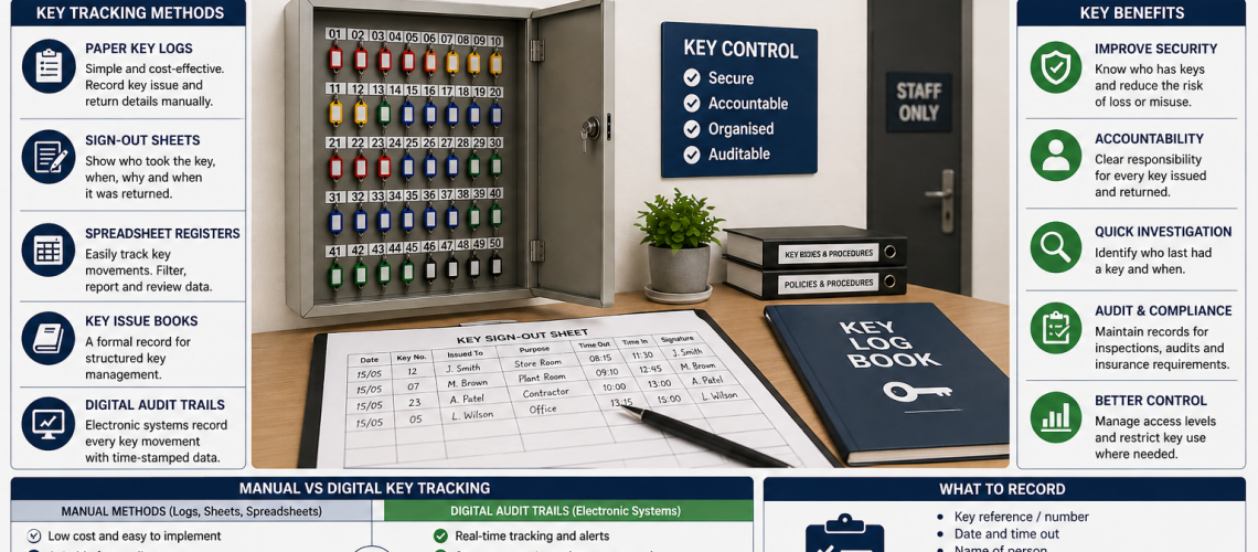 Workplace key tracking system showing key cabinet with sign-out log sheet, organised keys and audit tracking process for secure key management