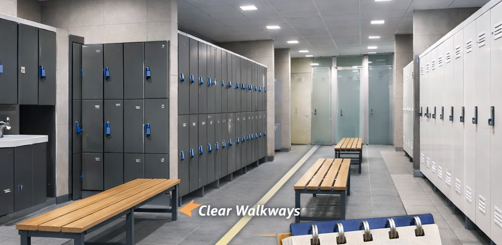 Locker room layout showing benches aligned with lockers and clear walkways in a UK changing room