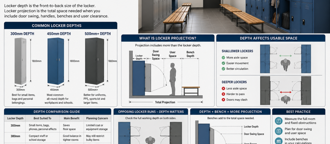 Locker depth and projection diagram showing door swing, aisle space and bench clearance in a UK locker room layout