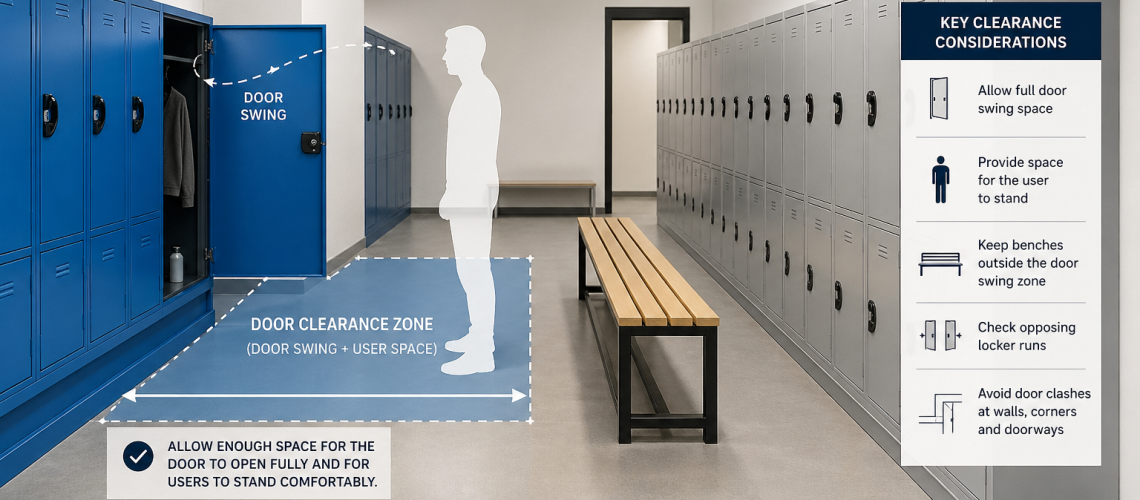 Locker doors open in a changing room showing required clearance space between lockers, benches and walkways for safe access