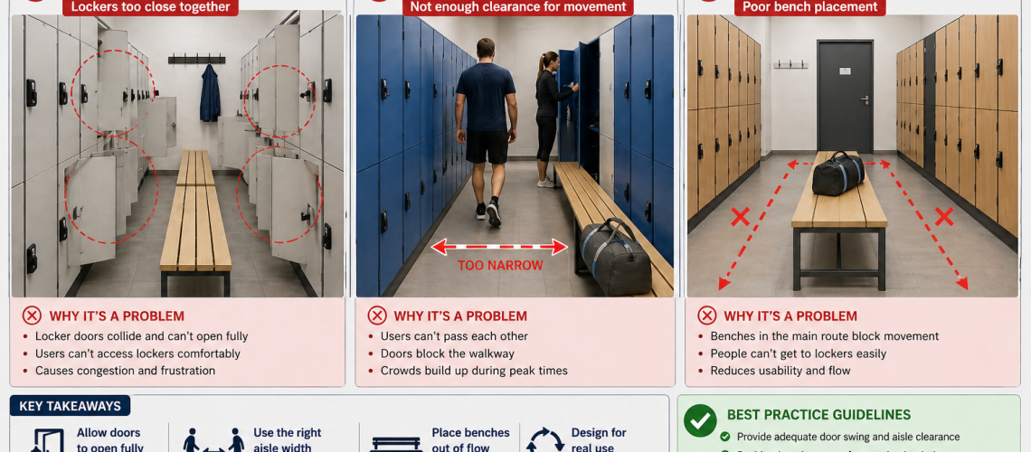 Locker room layout showing common mistakes with narrow aisles, door clashes and benches blocking access UK guide
