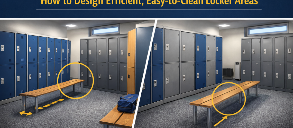 Well-spaced locker layout in a UK changing room showing clear aisles, bench placement and easy cleaning access