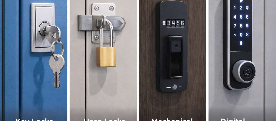 Comparison of locker lock types for changing rooms including key locks, padlocks, mechanical combination locks and digital locker locks