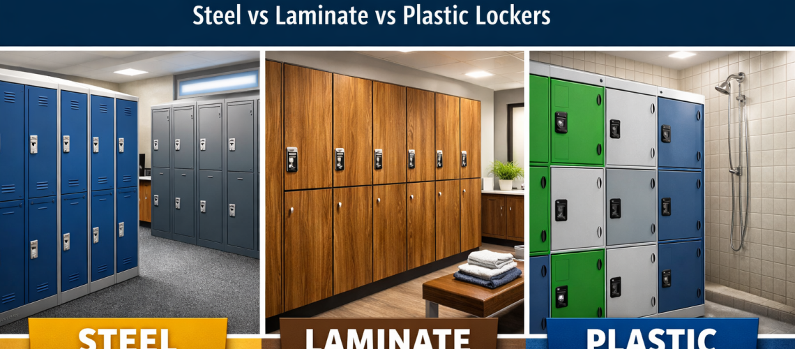 Steel vs laminate vs plastic lockers shown side by side in a UK workplace and changing room environment