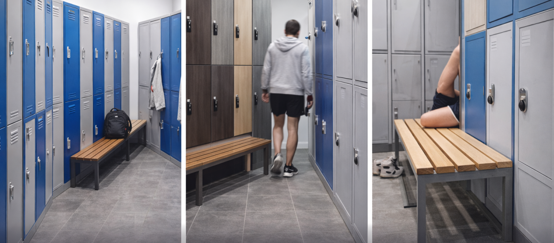 Examples of locker room design mistakes including overcrowded lockers, narrow aisles and poor bench placement in a changing room
