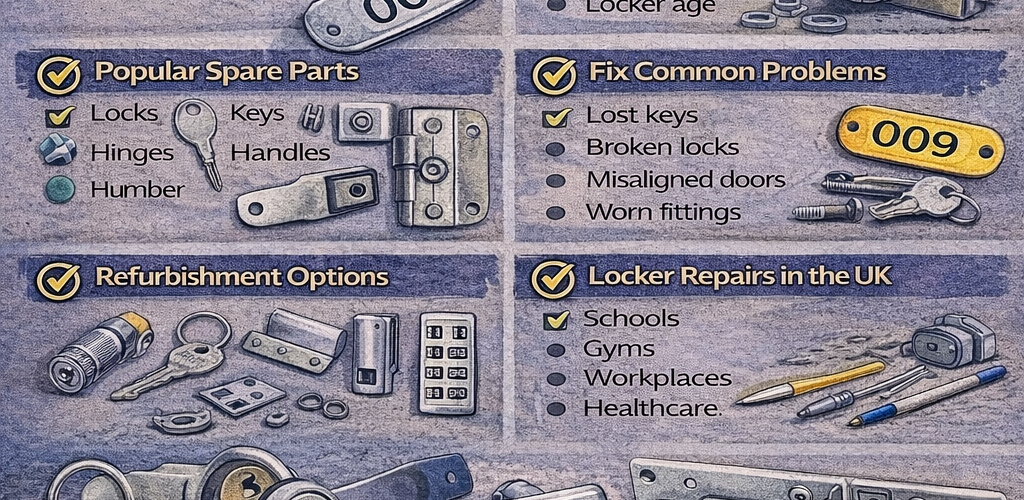 Locker repair and replacement parts including locks, hinges, handles and number plates arranged for maintenance and refurbishment