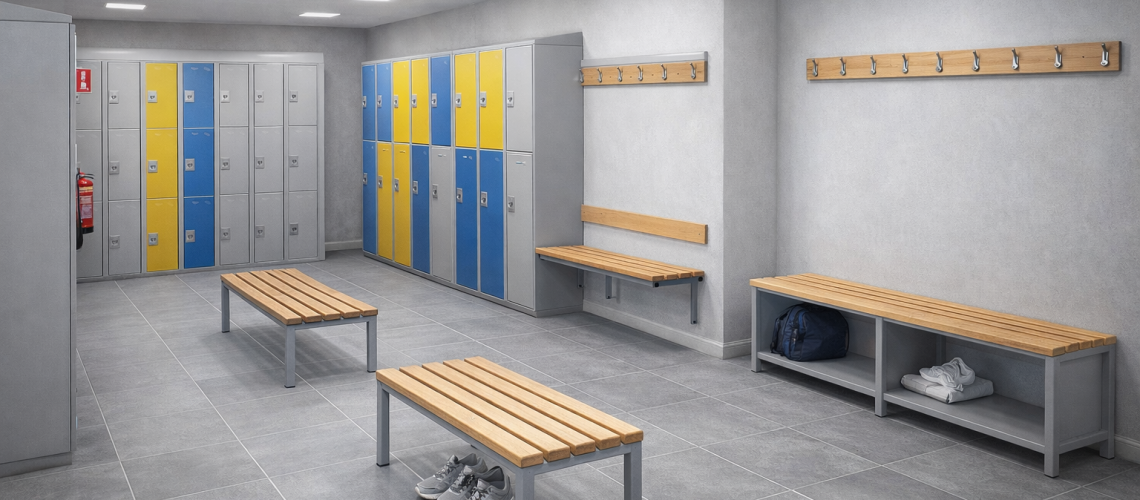 Changing room benches with lockers in a UK workplace showing seating layout and storage design