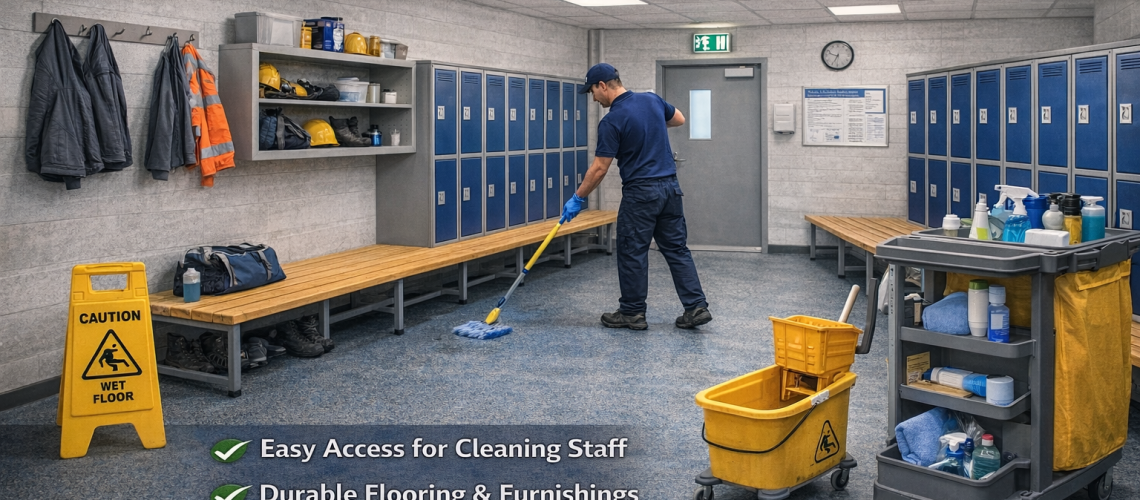 Changing room being cleaned with clear access around lockers and benches for maintenance