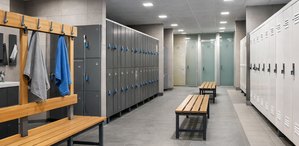 Modern UK locker room design with lockers, benches and clear layout planning