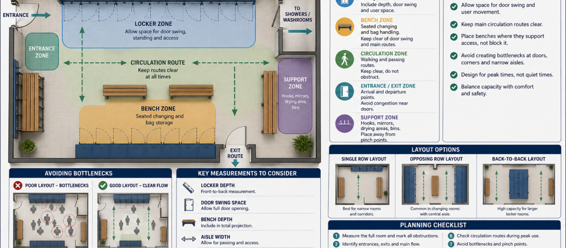 Locker room layout plan showing zoning for lockers, benches and circulation routes with clear access and no bottlenecks