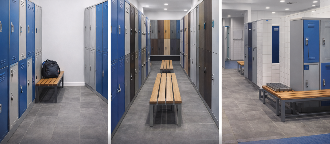Examples of locker room layouts showing small, medium and large changing room designs with lockers and benches arranged differently