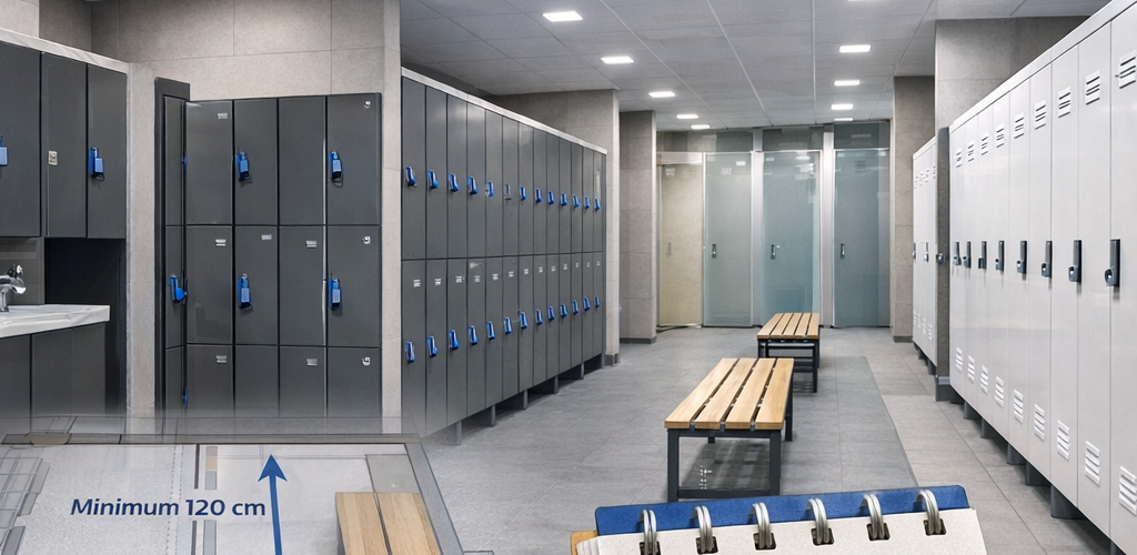 Locker room layout showing spacing between lockers, benches and walkways in a UK changing area