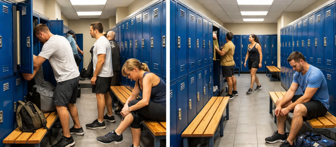 Locker room showing correct spacing between lockers, benches and walkways for safe access