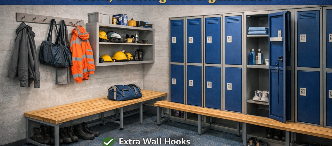 Locker room with organised storage including hooks, shelving and lockers with bench seating