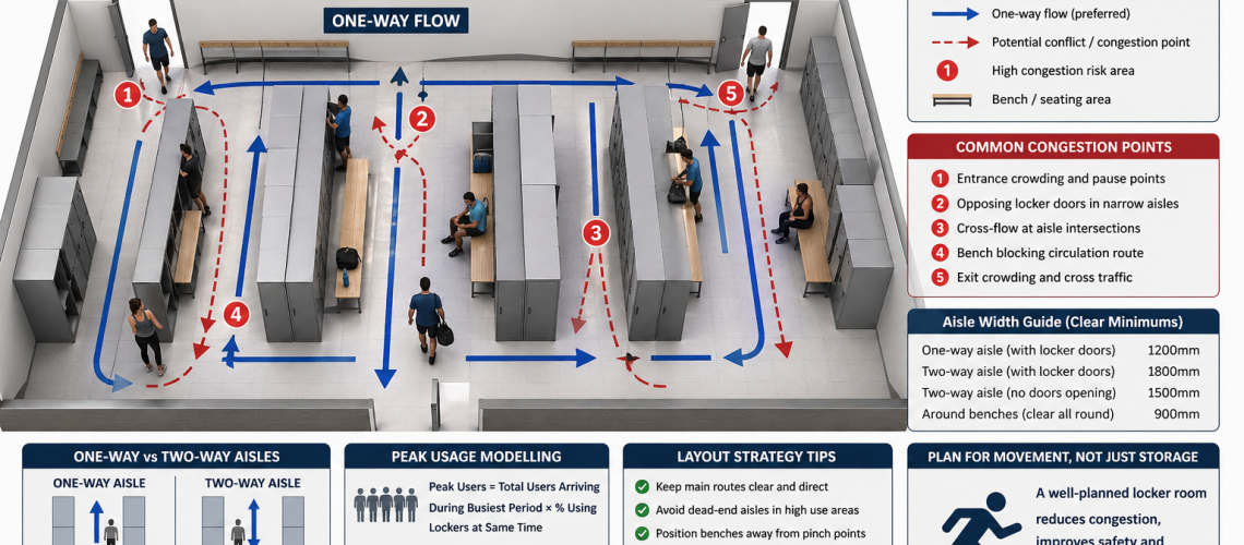 Locker room traffic flow diagram showing one-way and two-way aisles with congestion points and movement paths UK guide