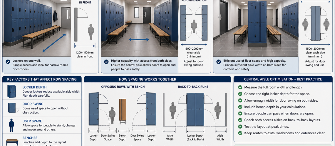 Locker row spacing layout showing single row, opposing lockers and back-to-back runs with central aisle planning in UK changing room
