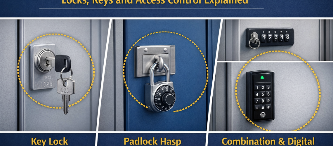 Different locker security options including key locks, combination locks and digital access systems on UK lockers