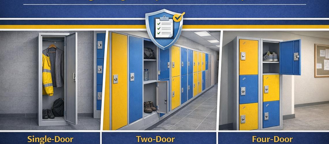 Different locker sizes and configurations including single, two-door and four-door lockers in a UK setting