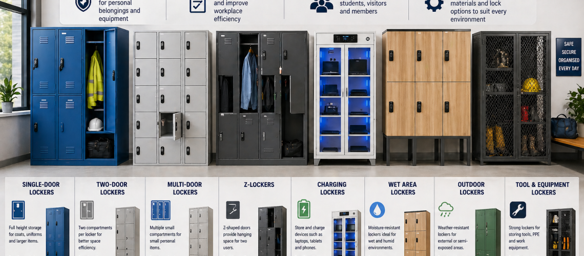 Locker storage systems in a UK workplace showing different locker types including standard lockers and charging lockers