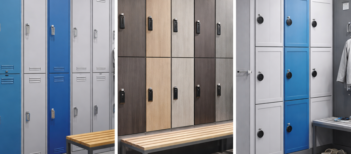 Steel, laminate and plastic lockers compared in a UK changing room showing different materials and finishes side by side