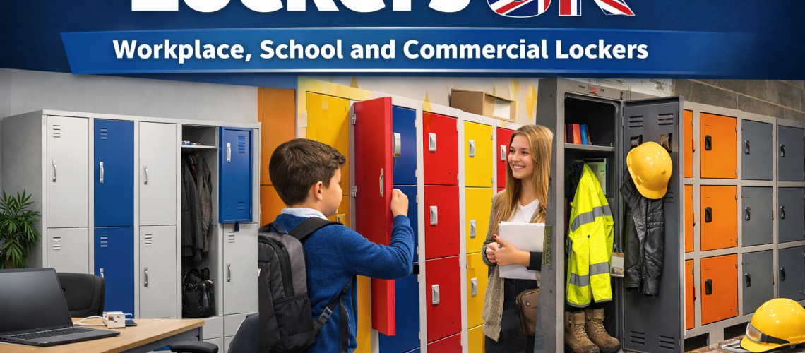 Promotional image showing workplace, school and commercial lockers in the UK, with office lockers on the left, colourful school lockers in the centre and industrial lockers with safety gear on the right under the heading “Lockers UK”.