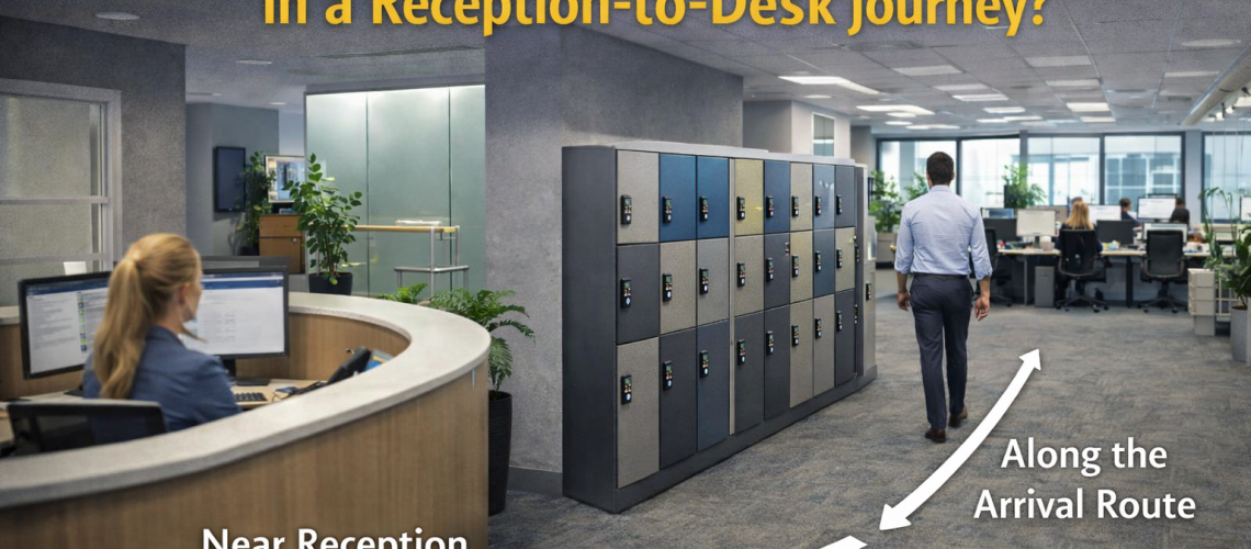 Office lockers placed along a reception-to-desk journey in a modern workplace with a clear arrival route and organised staff storage