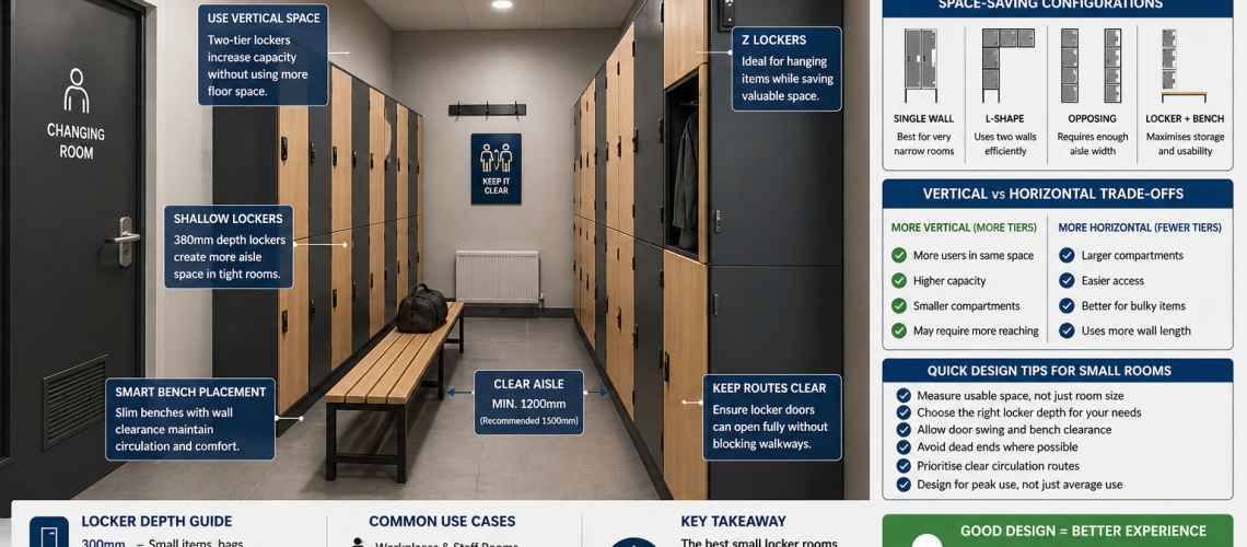 Small locker room design showing compact lockers, narrow aisle planning and space-saving layout for UK changing rooms