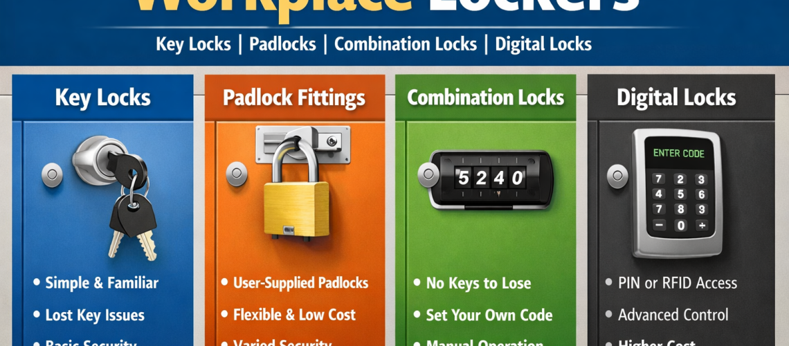 Best Lock Options for Workplace Lockers infographic showing four locker lock types: key locks, padlock fittings, combination locks and digital locks, with notes on security, convenience and cost.