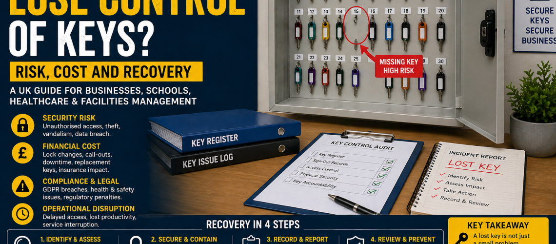 Lost business keys scenario showing missing key from organised key cabinet highlighting risk, security concern and key control failure in workplace
