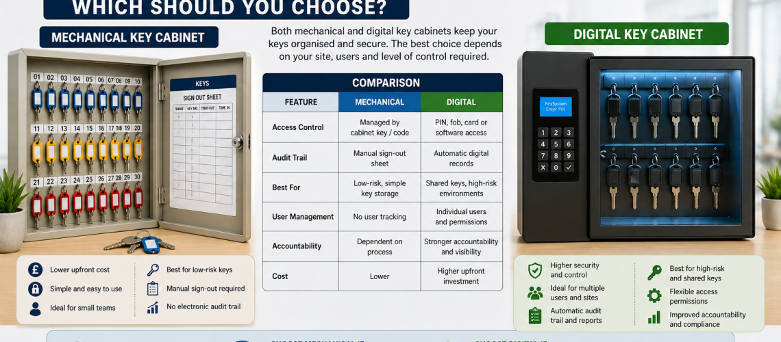 Comparison of mechanical and digital key cabinets showing a lockable key cabinet with numbered hooks alongside an electronic key management system with controlled access