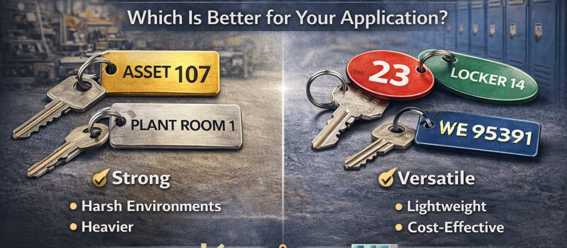 Laser engraved metal vs plastic tags comparison showing durability, weight and use in industrial and workplace environments