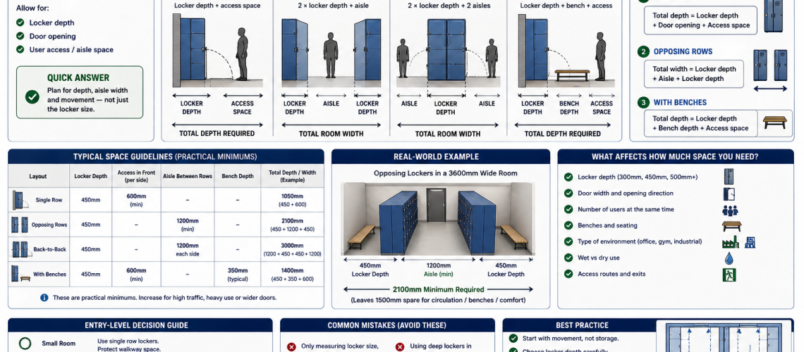 Locker space calculation diagram showing single row, opposing lockers and aisle width planning in a UK layout guide