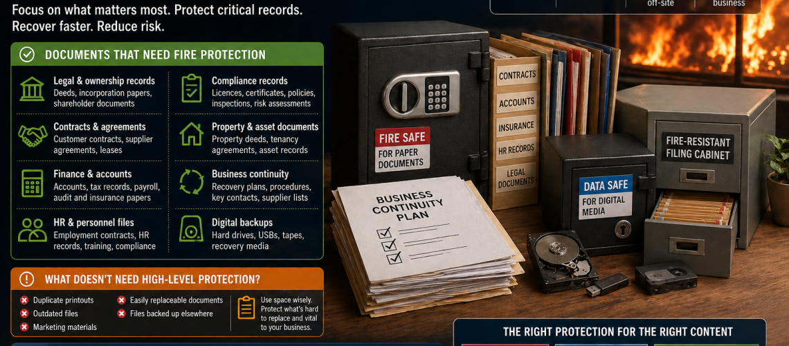 Business documents, contracts and digital backups organised for fire protection planning
