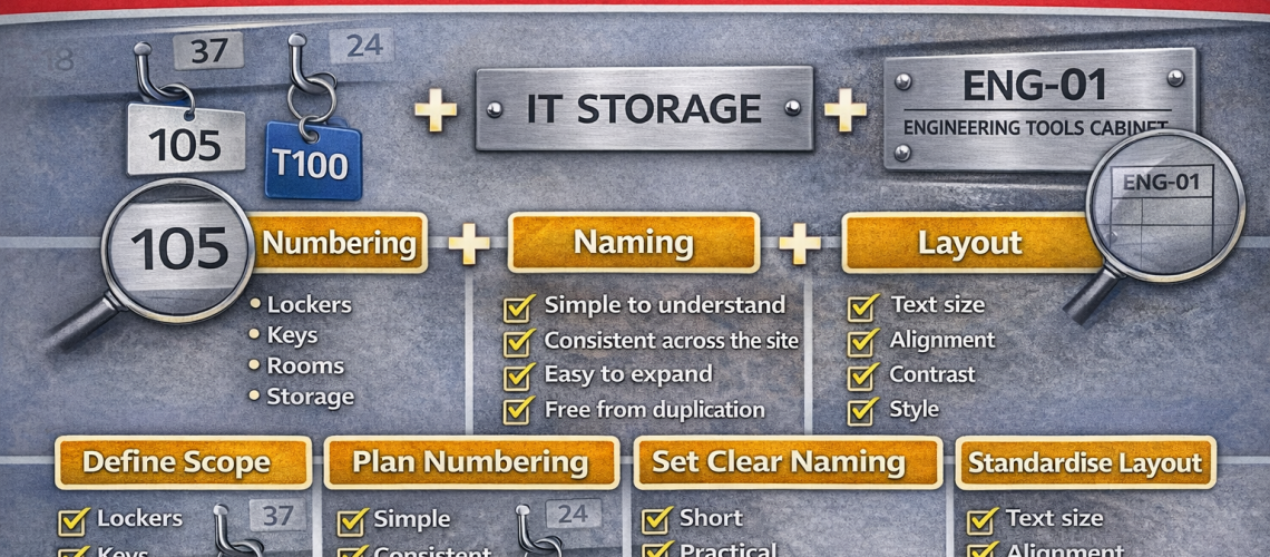 Workplace engraved tag system showing numbering, naming and layout across lockers, keys, rooms and storage areas
