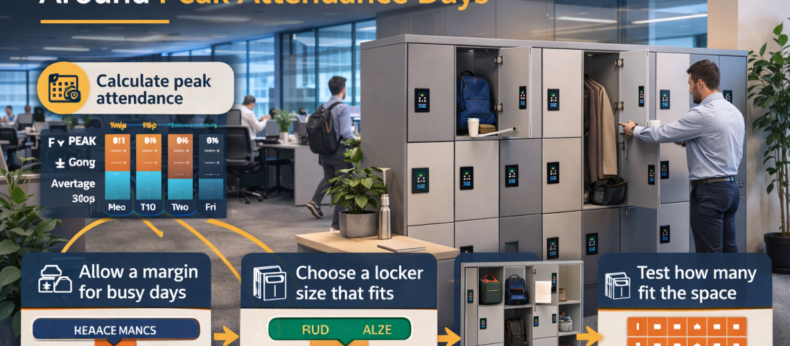 Office lockers in a modern workplace with infographic showing how to plan locker capacity based on peak attendance days