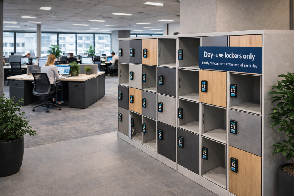 Shared office locker bank kept clear and organised with empty compartments ready for daily staff use