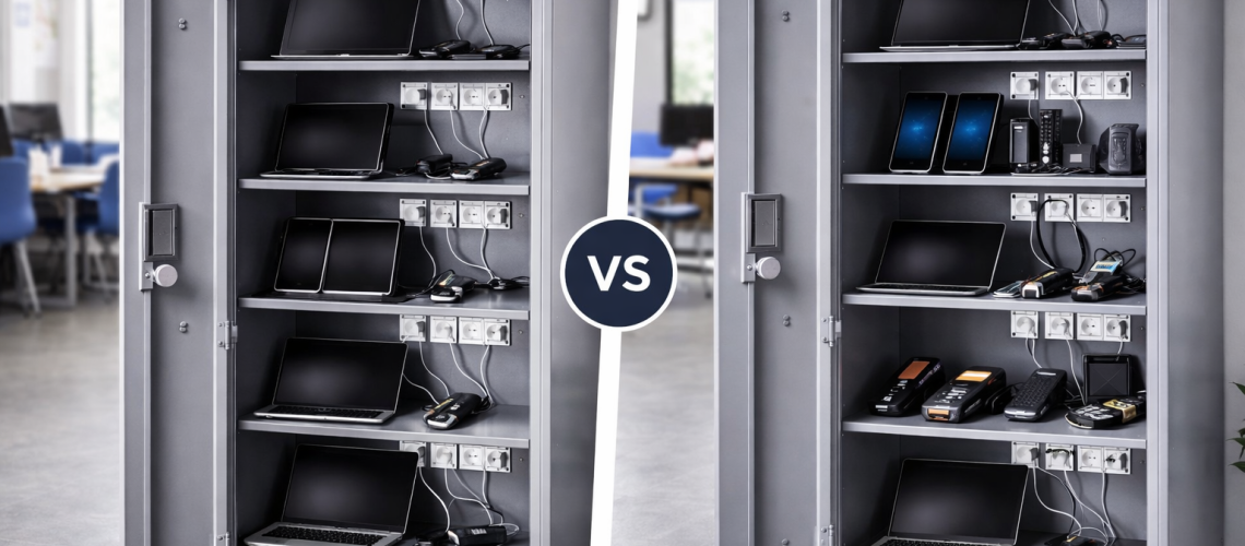 Charging lockers used in a school and workplace environment showing differences in device types and usage