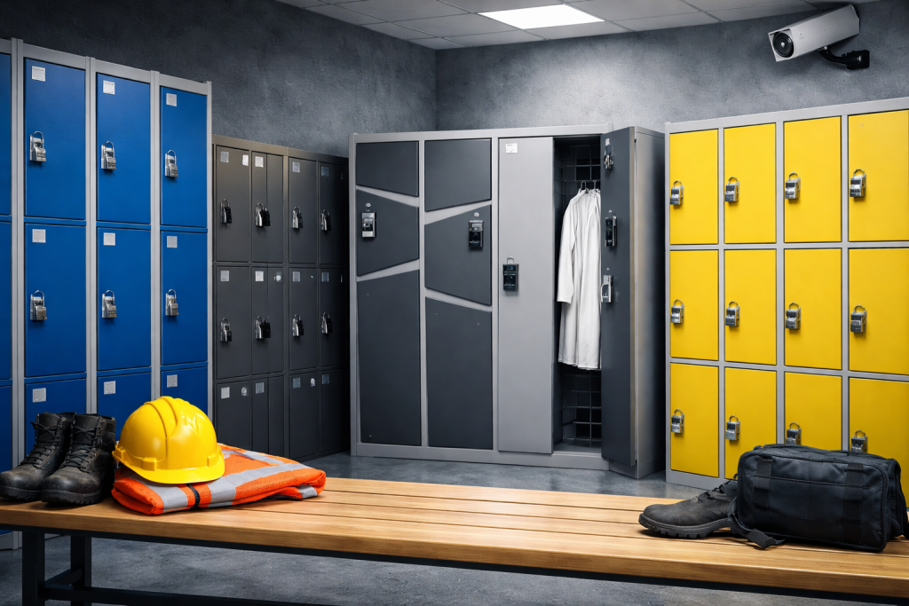 Temporary secure storage lockers for visitors and contractors in a modern workplace entrance area