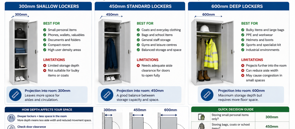 Shallow vs deep lockers showing 300mm, 450mm and 600mm depth comparison for UK locker room planning