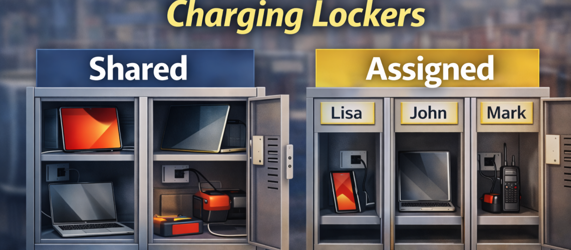 Charging lockers showing shared compartments and individually assigned lockers for devices in a workplace or school setting