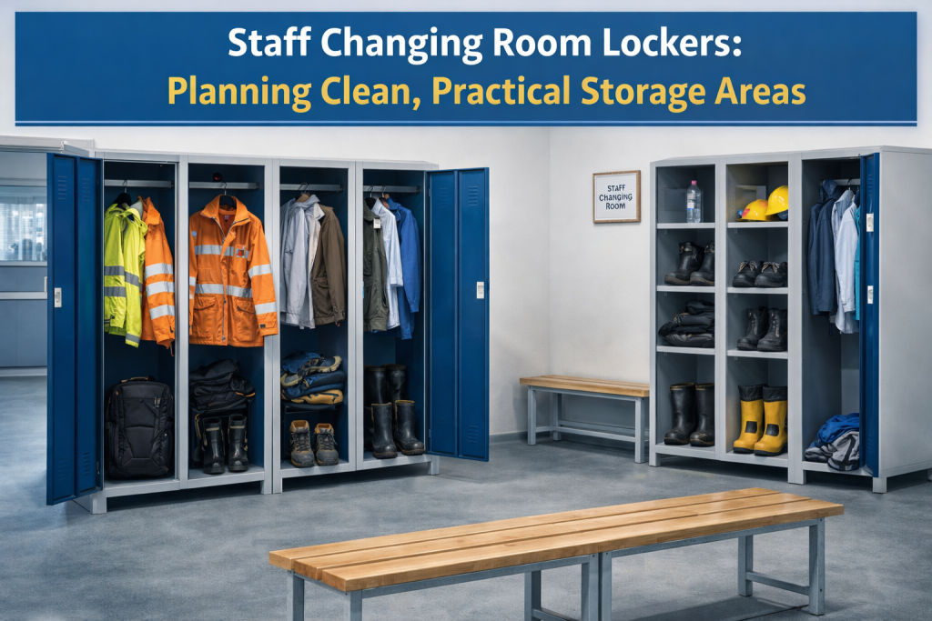 Temporary secure storage lockers for visitors and contractors in a modern workplace entrance area
