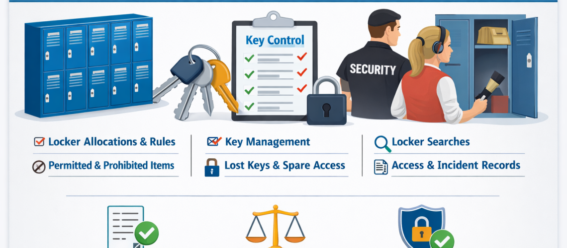 Staff locker policy UK guide showing workplace lockers, controlled access, key management and search procedures in a staff storage area