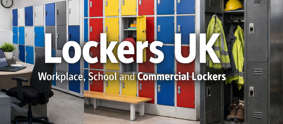 A promotional image displaying lockers in office, school and industrial settings, highlighting workplace, school and commercial locker use across the UK