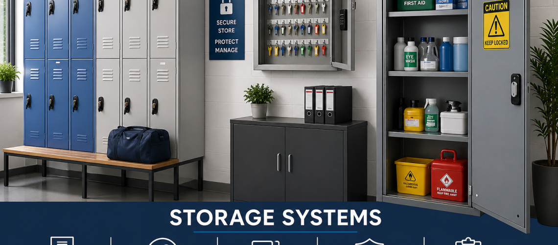 Workplace storage systems in the UK showing lockers, key cabinets and secure storage units in an organised staff area
