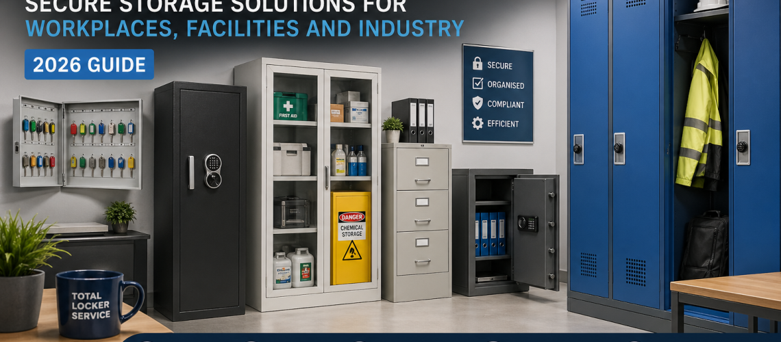 Secure storage systems in a UK workplace showing lockers, key cabinets, safes and controlled storage units organised for business use