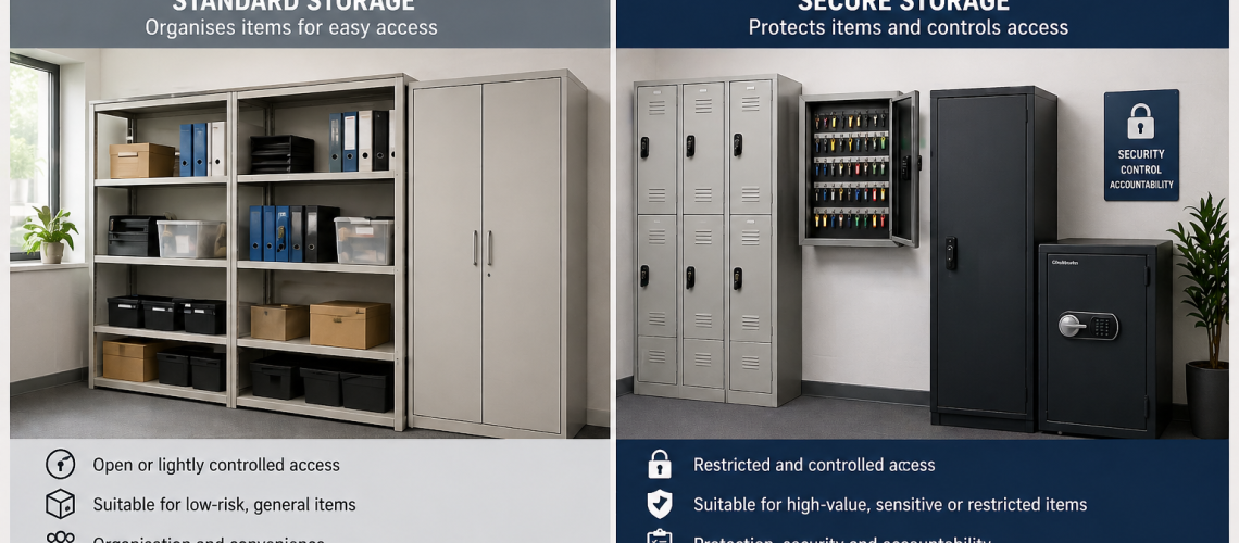 Comparison of standard storage and secure storage in a UK workplace showing open shelving and locked lockers, cabinets and safe