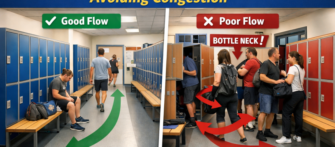 Changing room with organised locker rows and bench layout, showing clear walkways and smooth traffic flow to prevent congestion