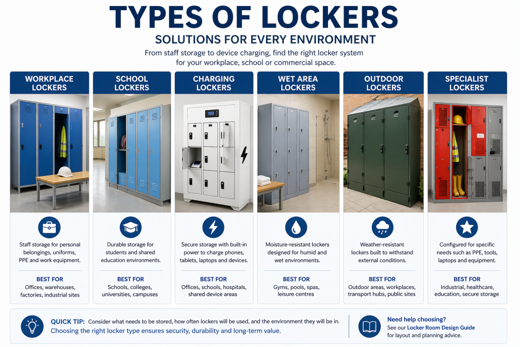 Different types of lockers including workplace, school, charging, wet area and outdoor lockers in UK environments