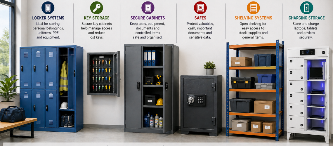 Different types of storage systems in a UK workplace including lockers, key cabinet, secure cabinet, shelving and safe