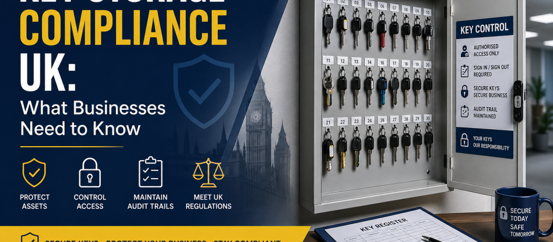 Secure key cabinet installed in UK workplace office showing organised keys, numbered tags and controlled access system for business key storage compliance
